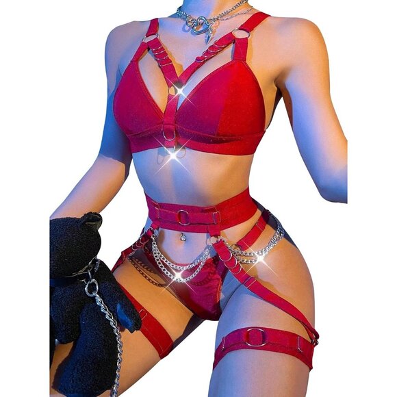 Women's Burgundy Red Sexy Chain Strappy Garter Belt Lingerie Set Rave Outfits - Picture 4 of 5